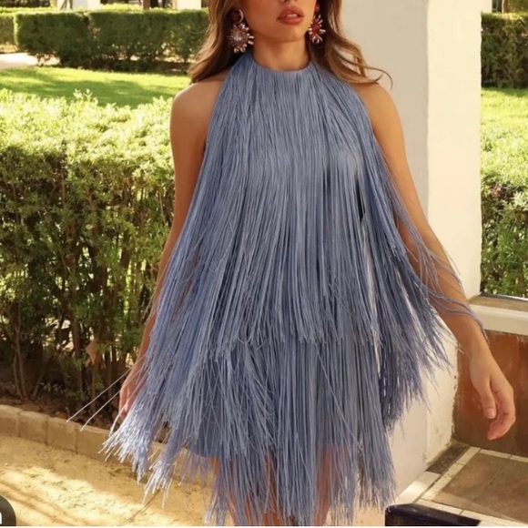 Zara Dresses & Skirts - ZARA Blue Fringe Halter Mini Dress NWT